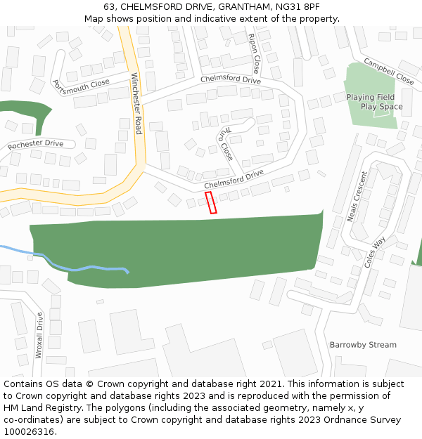 63, CHELMSFORD DRIVE, GRANTHAM, NG31 8PF: Location map and indicative extent of plot