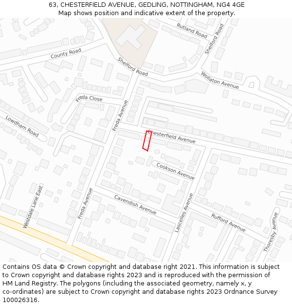 63, CHESTERFIELD AVENUE, GEDLING, NOTTINGHAM, NG4 4GE: Location map and indicative extent of plot