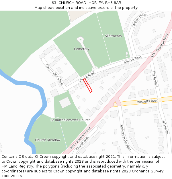 63, CHURCH ROAD, HORLEY, RH6 8AB: Location map and indicative extent of plot