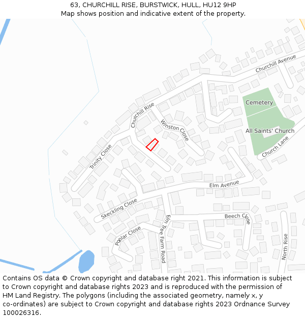 63, CHURCHILL RISE, BURSTWICK, HULL, HU12 9HP: Location map and indicative extent of plot