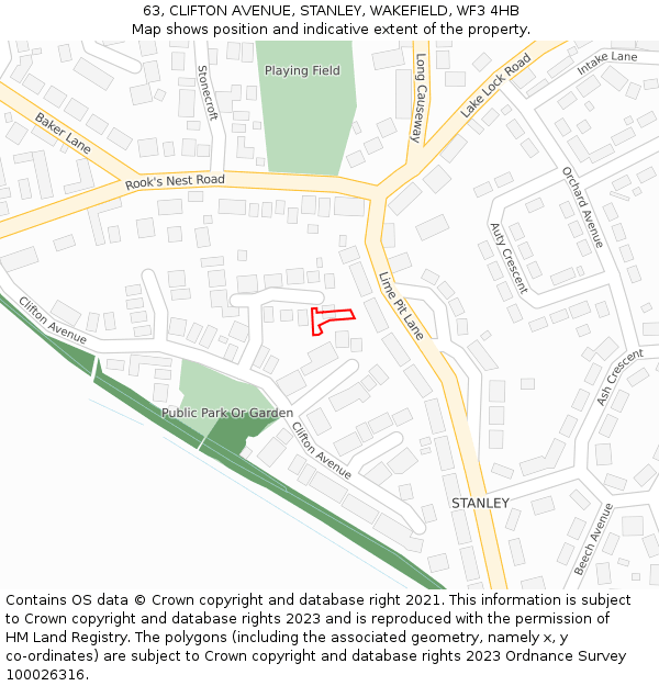 63, CLIFTON AVENUE, STANLEY, WAKEFIELD, WF3 4HB: Location map and indicative extent of plot