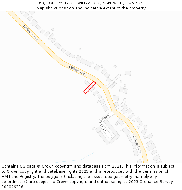 63, COLLEYS LANE, WILLASTON, NANTWICH, CW5 6NS: Location map and indicative extent of plot