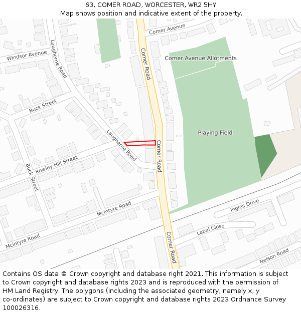 63, COMER ROAD, WORCESTER, WR2 5HY: Location map and indicative extent of plot