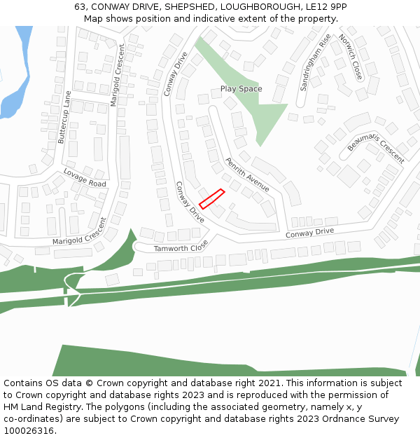 63, CONWAY DRIVE, SHEPSHED, LOUGHBOROUGH, LE12 9PP: Location map and indicative extent of plot