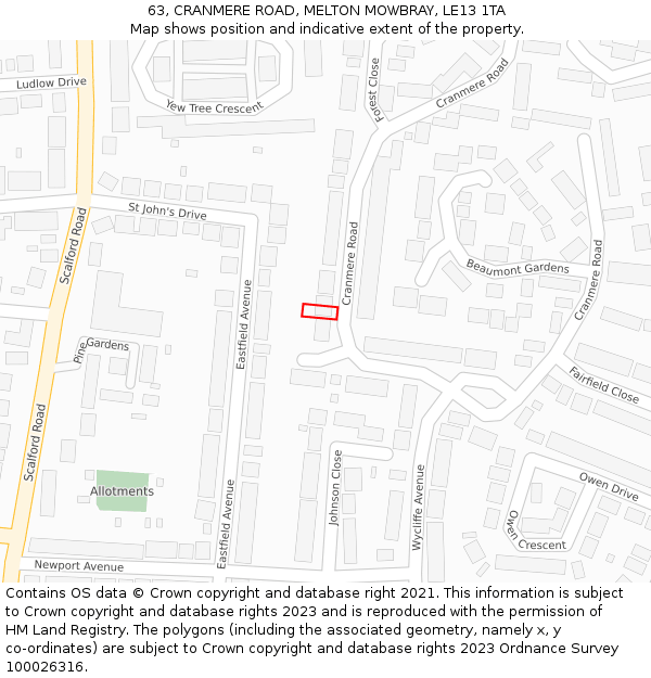 63, CRANMERE ROAD, MELTON MOWBRAY, LE13 1TA: Location map and indicative extent of plot