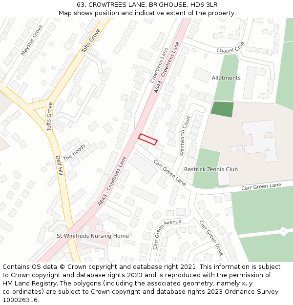 63, CROWTREES LANE, BRIGHOUSE, HD6 3LR: Location map and indicative extent of plot