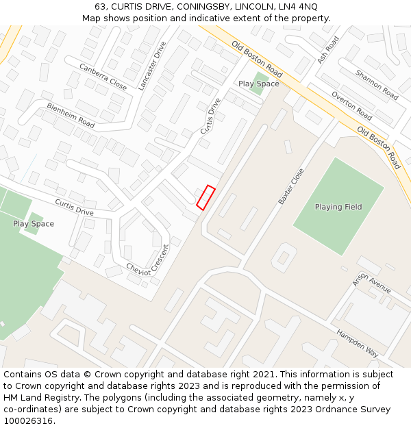 63, CURTIS DRIVE, CONINGSBY, LINCOLN, LN4 4NQ: Location map and indicative extent of plot