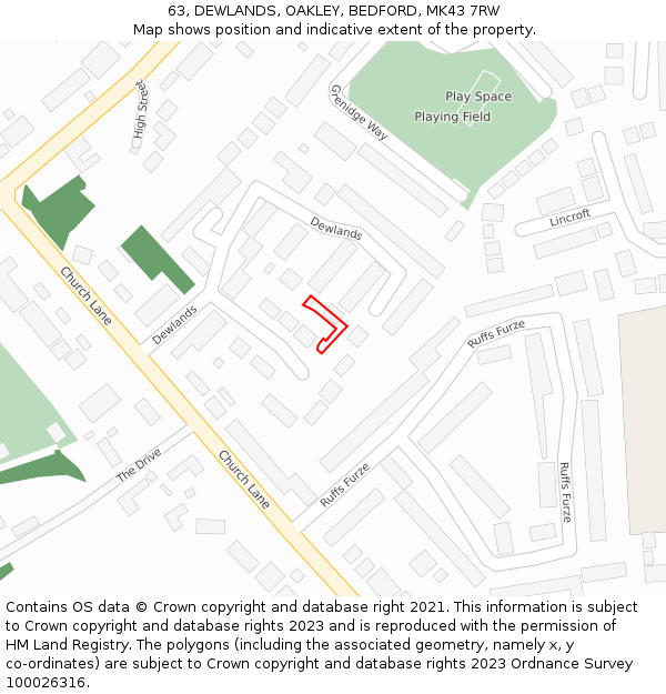 63, DEWLANDS, OAKLEY, BEDFORD, MK43 7RW: Location map and indicative extent of plot