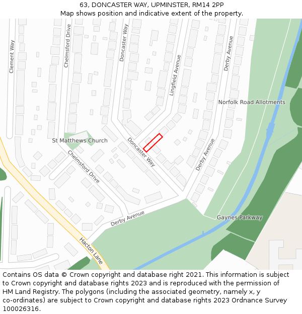 63, DONCASTER WAY, UPMINSTER, RM14 2PP: Location map and indicative extent of plot