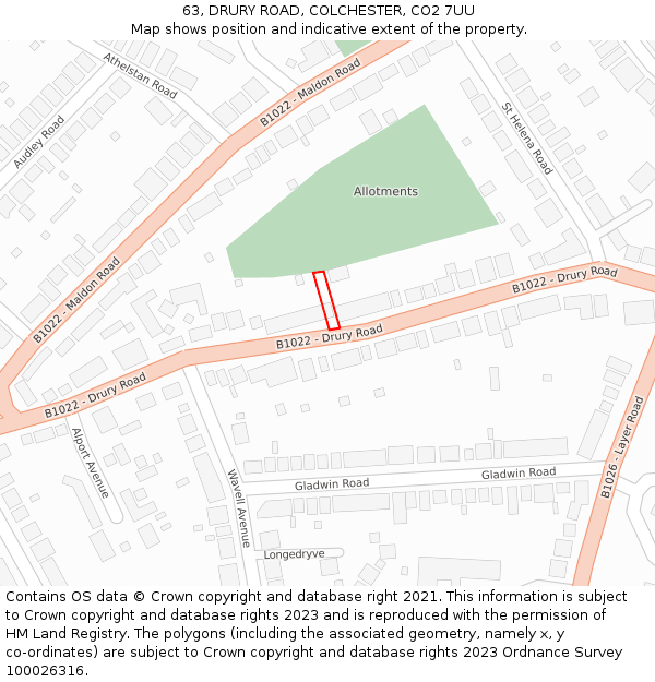 63, DRURY ROAD, COLCHESTER, CO2 7UU: Location map and indicative extent of plot