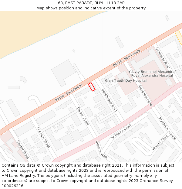 63, EAST PARADE, RHYL, LL18 3AP: Location map and indicative extent of plot