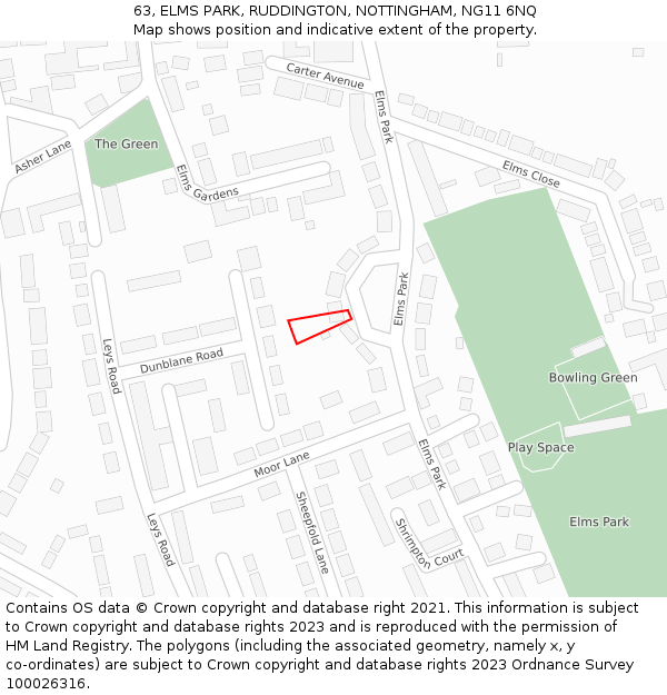 63, ELMS PARK, RUDDINGTON, NOTTINGHAM, NG11 6NQ: Location map and indicative extent of plot