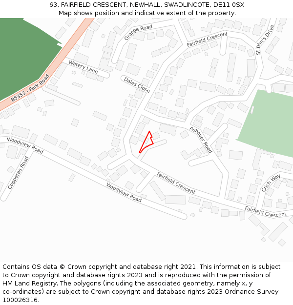 63, FAIRFIELD CRESCENT, NEWHALL, SWADLINCOTE, DE11 0SX: Location map and indicative extent of plot