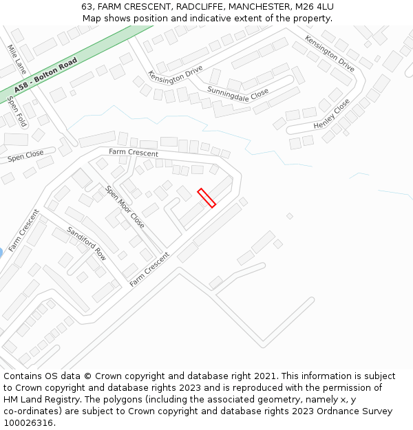 63, FARM CRESCENT, RADCLIFFE, MANCHESTER, M26 4LU: Location map and indicative extent of plot