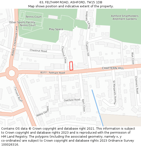 63, FELTHAM ROAD, ASHFORD, TW15 1DB: Location map and indicative extent of plot