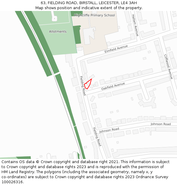 63, FIELDING ROAD, BIRSTALL, LEICESTER, LE4 3AH: Location map and indicative extent of plot