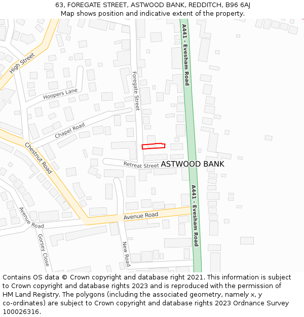 63, FOREGATE STREET, ASTWOOD BANK, REDDITCH, B96 6AJ: Location map and indicative extent of plot