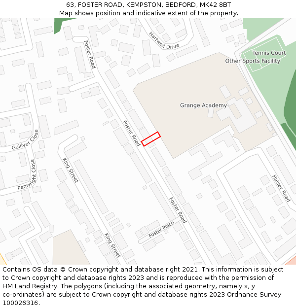 63, FOSTER ROAD, KEMPSTON, BEDFORD, MK42 8BT: Location map and indicative extent of plot