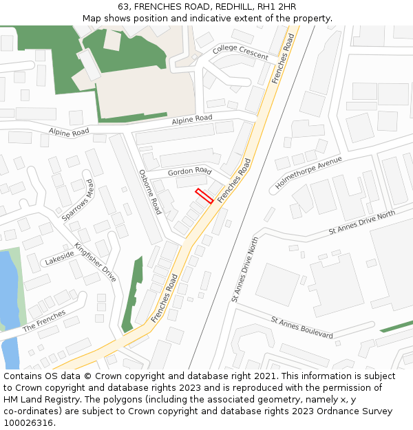 63, FRENCHES ROAD, REDHILL, RH1 2HR: Location map and indicative extent of plot