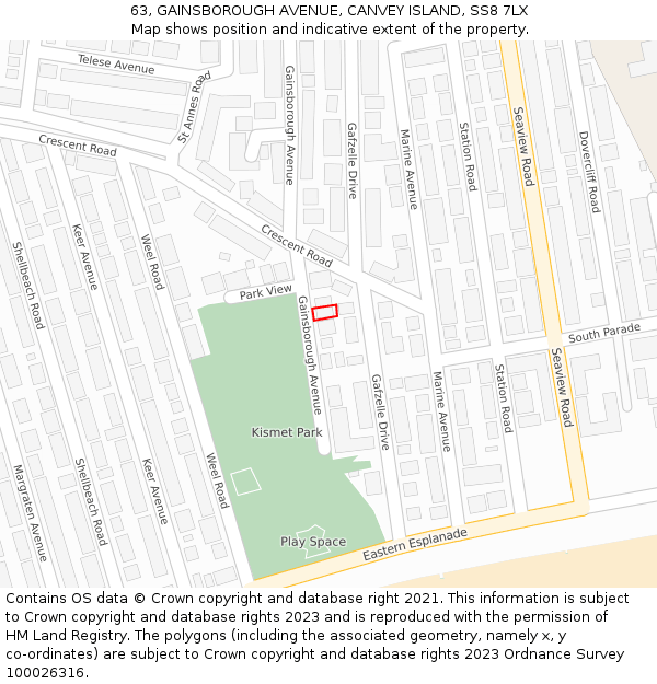 63, GAINSBOROUGH AVENUE, CANVEY ISLAND, SS8 7LX: Location map and indicative extent of plot