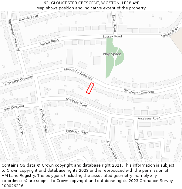 63, GLOUCESTER CRESCENT, WIGSTON, LE18 4YF: Location map and indicative extent of plot