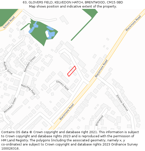 63, GLOVERS FIELD, KELVEDON HATCH, BRENTWOOD, CM15 0BD: Location map and indicative extent of plot