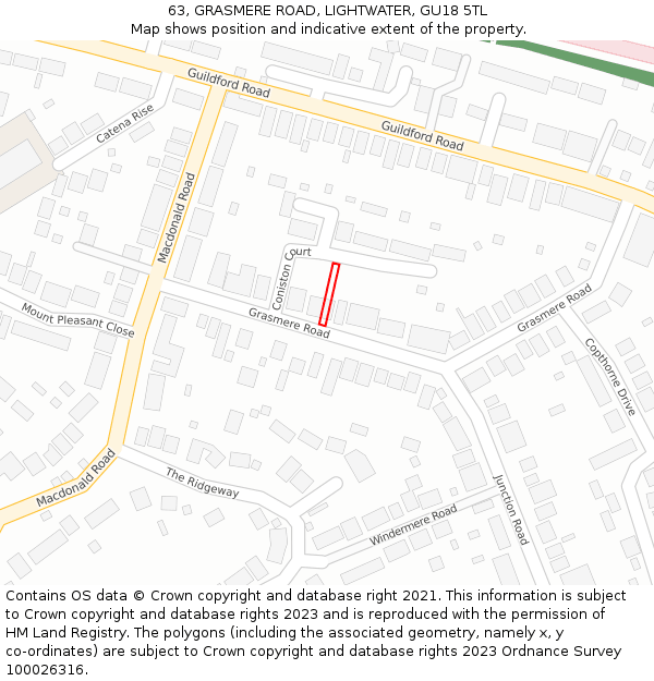 63, GRASMERE ROAD, LIGHTWATER, GU18 5TL: Location map and indicative extent of plot