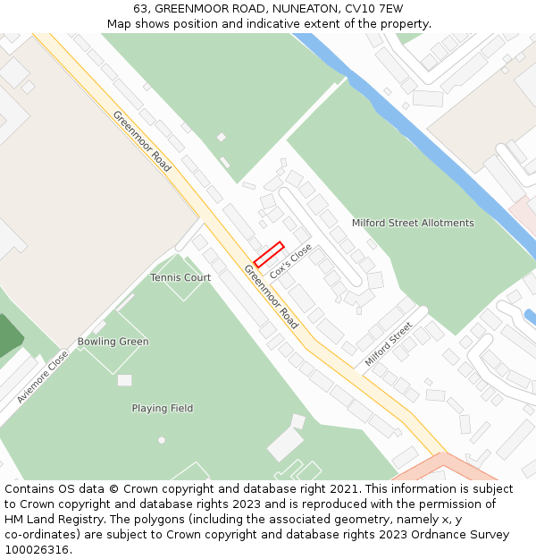 63, GREENMOOR ROAD, NUNEATON, CV10 7EW: Location map and indicative extent of plot