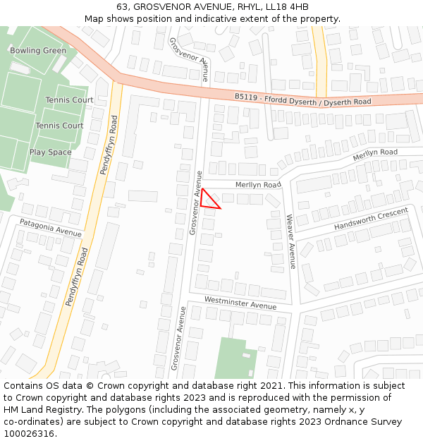 63, GROSVENOR AVENUE, RHYL, LL18 4HB: Location map and indicative extent of plot