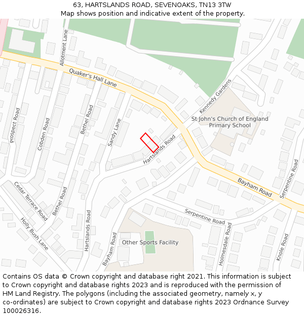 63, HARTSLANDS ROAD, SEVENOAKS, TN13 3TW: Location map and indicative extent of plot