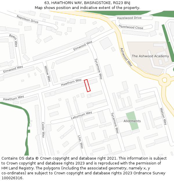 63, HAWTHORN WAY, BASINGSTOKE, RG23 8NJ: Location map and indicative extent of plot