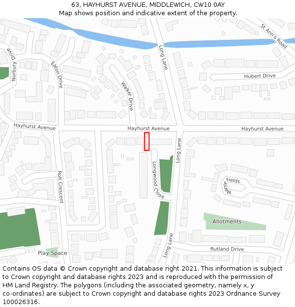 63, HAYHURST AVENUE, MIDDLEWICH, CW10 0AY: Location map and indicative extent of plot