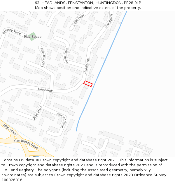 63, HEADLANDS, FENSTANTON, HUNTINGDON, PE28 9LP: Location map and indicative extent of plot