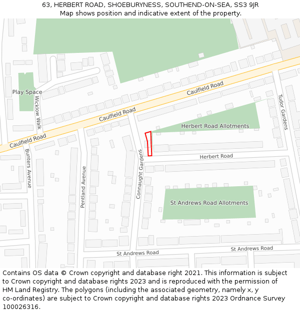 63, HERBERT ROAD, SHOEBURYNESS, SOUTHEND-ON-SEA, SS3 9JR: Location map and indicative extent of plot