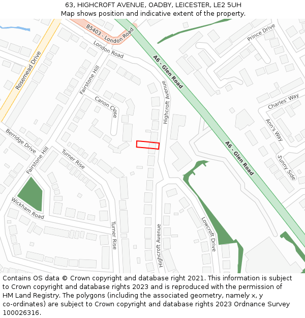 63, HIGHCROFT AVENUE, OADBY, LEICESTER, LE2 5UH: Location map and indicative extent of plot