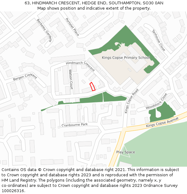 63, HINDMARCH CRESCENT, HEDGE END, SOUTHAMPTON, SO30 0AN: Location map and indicative extent of plot