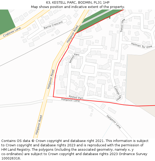 63, KESTELL PARC, BODMIN, PL31 1HP: Location map and indicative extent of plot