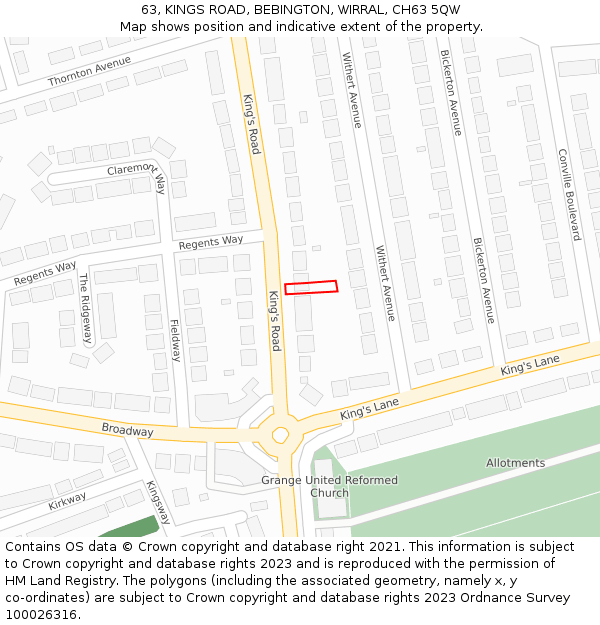 63, KINGS ROAD, BEBINGTON, WIRRAL, CH63 5QW: Location map and indicative extent of plot