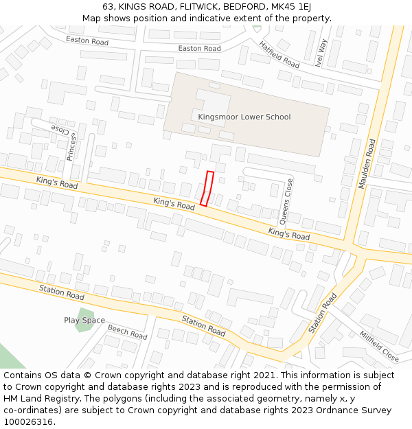 63, KINGS ROAD, FLITWICK, BEDFORD, MK45 1EJ: Location map and indicative extent of plot