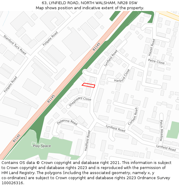 63, LYNFIELD ROAD, NORTH WALSHAM, NR28 0SW: Location map and indicative extent of plot