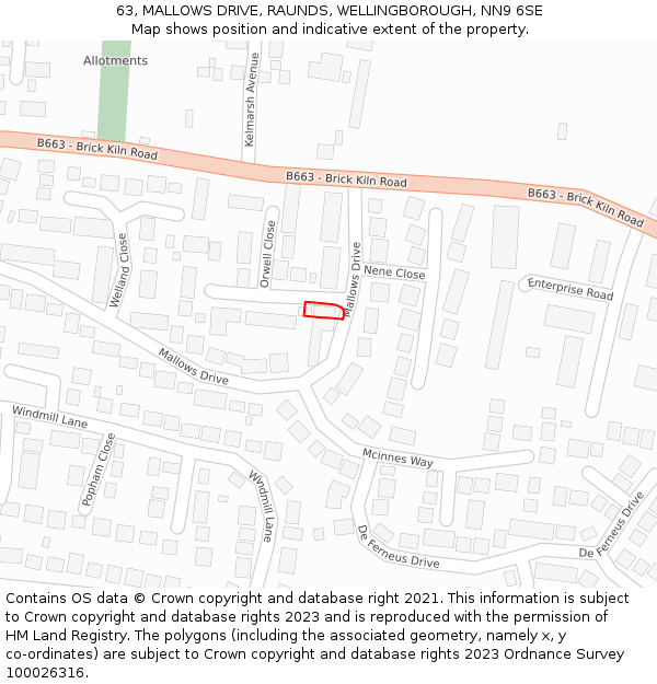 63, MALLOWS DRIVE, RAUNDS, WELLINGBOROUGH, NN9 6SE: Location map and indicative extent of plot