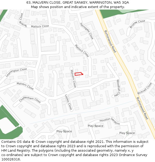 63, MALVERN CLOSE, GREAT SANKEY, WARRINGTON, WA5 3QA: Location map and indicative extent of plot