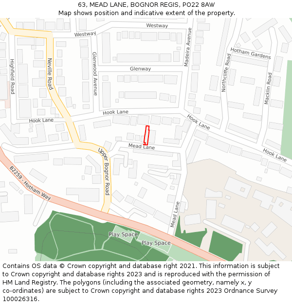 63, MEAD LANE, BOGNOR REGIS, PO22 8AW: Location map and indicative extent of plot