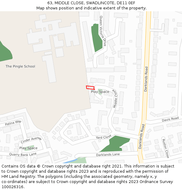 63, MIDDLE CLOSE, SWADLINCOTE, DE11 0EF: Location map and indicative extent of plot