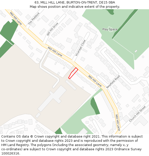 63, MILL HILL LANE, BURTON-ON-TRENT, DE15 0BA: Location map and indicative extent of plot