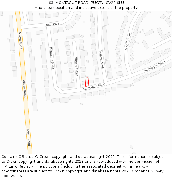 63, MONTAGUE ROAD, RUGBY, CV22 6LU: Location map and indicative extent of plot