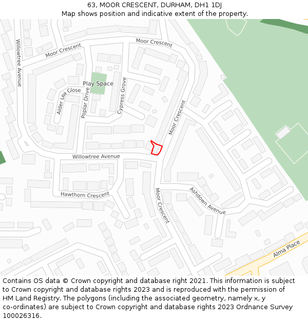 63, MOOR CRESCENT, DURHAM, DH1 1DJ: Location map and indicative extent of plot