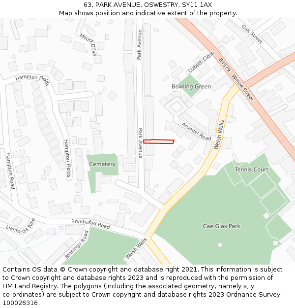 63, PARK AVENUE, OSWESTRY, SY11 1AX: Location map and indicative extent of plot