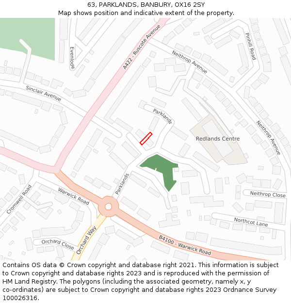 63, PARKLANDS, BANBURY, OX16 2SY: Location map and indicative extent of plot