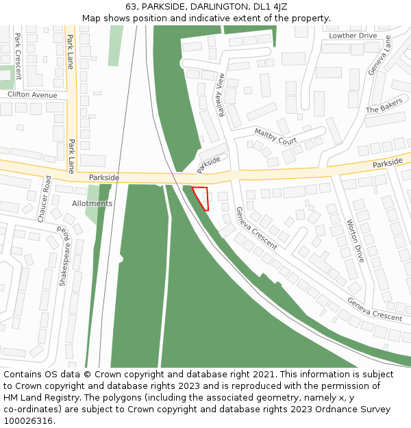 63, PARKSIDE, DARLINGTON, DL1 4JZ: Location map and indicative extent of plot